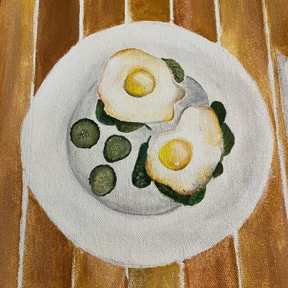 Acrylic Canvas Paintings Breakfast Eggs Sunny Side‎ Set of 2 12X12 Hand Painting - Picture 7 of 12